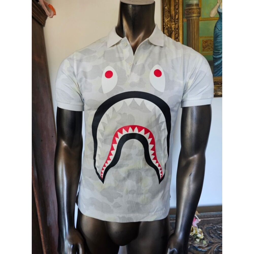BAPE A Bathing Ape White City Camo Shark Polo Shirt WGM Glow In Dark Size M